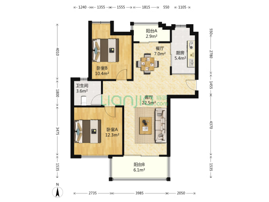 世茂世界湾花园北区 2室2厅1卫 89平方