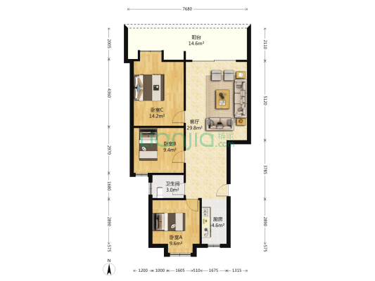 可心公寓 3室1厅1卫 96平方