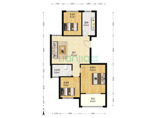 水岸名筑 3室1厅1卫 91平方