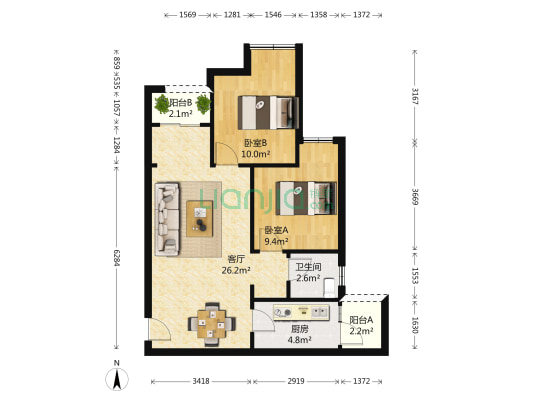 国博领馆一期 2室1厅1卫 74平方
