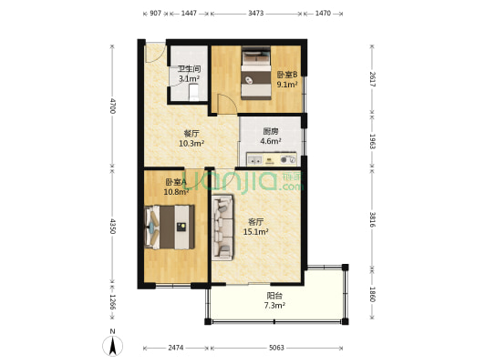 桃园小区 2室2厅1卫 72平方