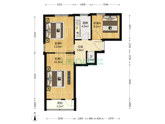 二七新村南路16 3室0厅1卫 61平方
