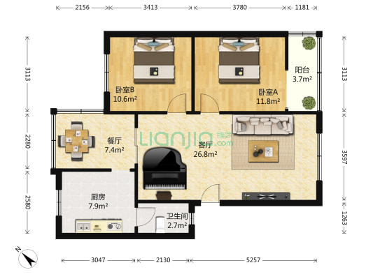 建行双流支行2号宿舍 2室2厅1卫 81平方