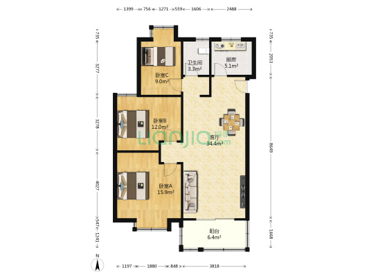 天景山公寓永福苑 3室1厅1卫 106平方