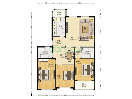 东方花园(市南) 3室2厅2卫 134平方