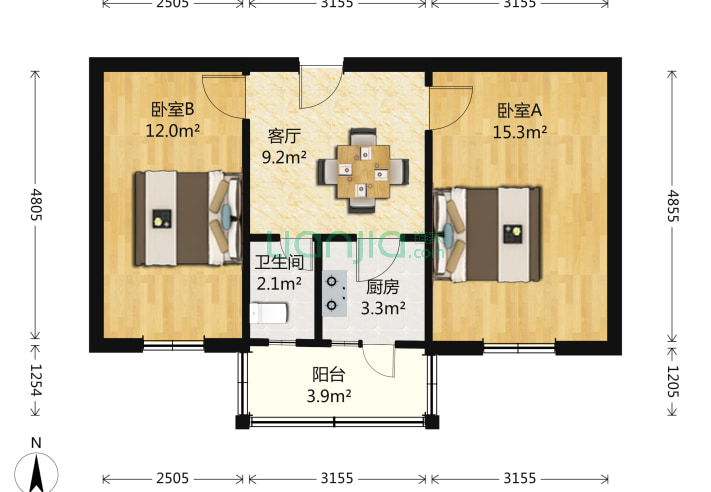 2室1廳1衛55.9㎡-北京萬源南里戶型圖