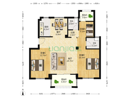 红杉园 3室2厅2卫 98平方