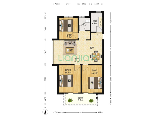弘阳昕悦棠 3室1厅1卫 90平方