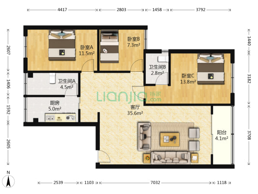 宏宝花园 3室1厅2卫 100平方