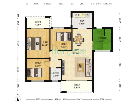 融旗华堂 3室1厅1卫 87平方