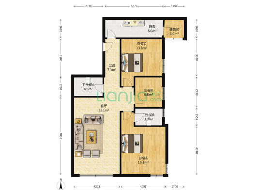 阳光100国际新城B区 3室1厅2卫 123平方