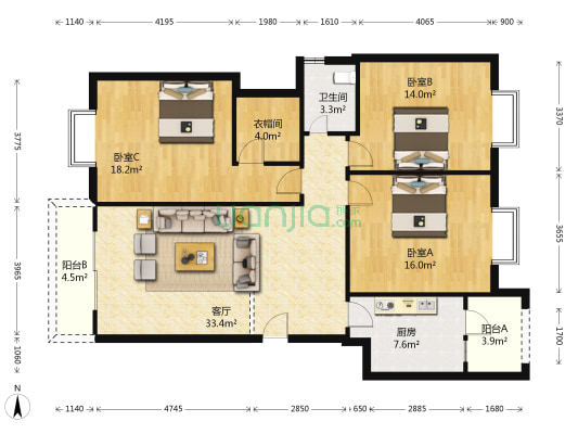 华丽茗居 3室1厅1卫 128平方