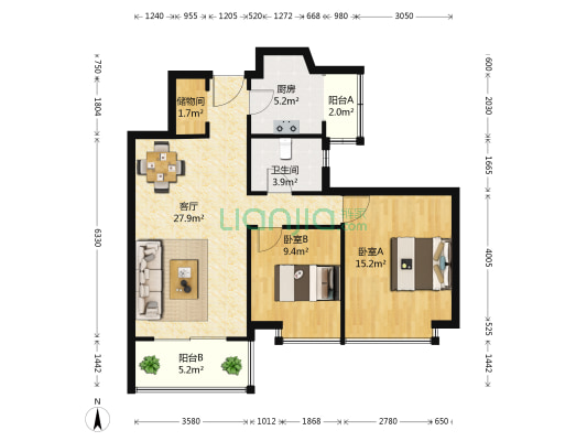 星雨华府南区 2室1厅1卫 90平方