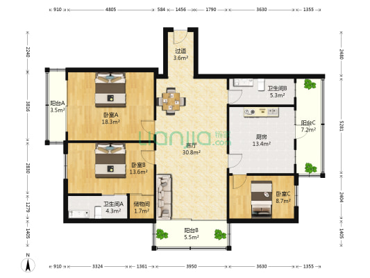 河苑观景花园 3室1厅2卫 162平方