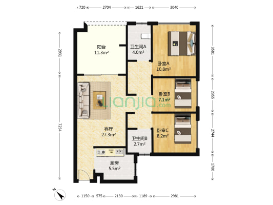 美的花湾城 3室1厅2卫 90平方