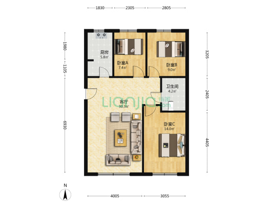 燕东天赐良园 3室1厅1卫 110平方