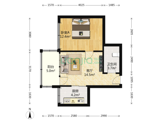 龙庭大厦 1室1厅1卫 61平方