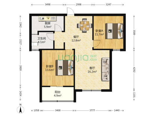 国华天玺 2室2厅1卫 88平方
