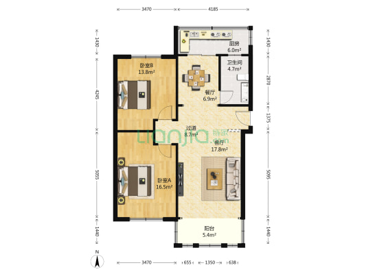 锦通苑 2室2厅1卫 90平方