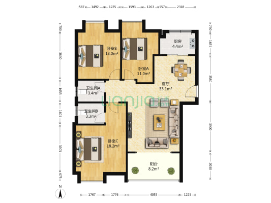 君祥御景佳园 3室1厅2卫 119平方