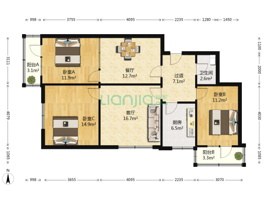 新华路 3室2厅1卫 114平方