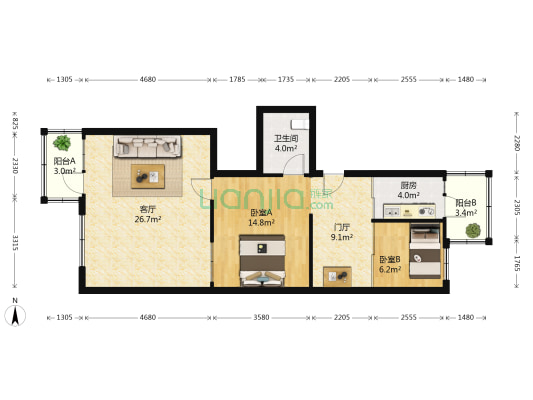 曲线街 2室1厅1卫 58平方