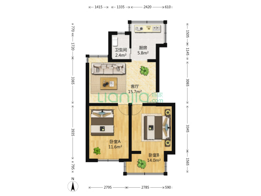 昆明医科大学第二附属医院宿舍 2室1厅1卫 65平方