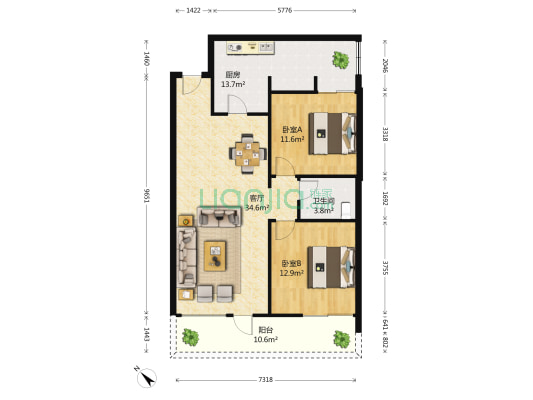 中铁堰澜山 2室1厅1卫 90平方