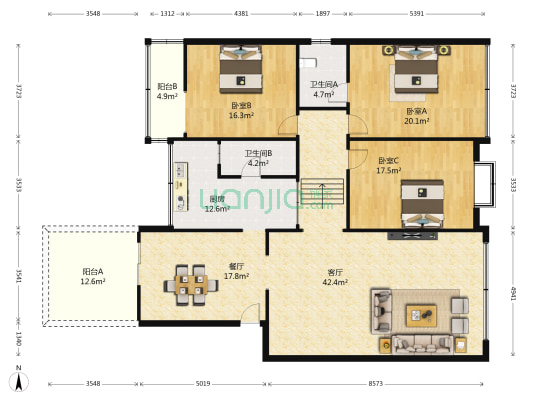 长城路 3室2厅2卫 169平方