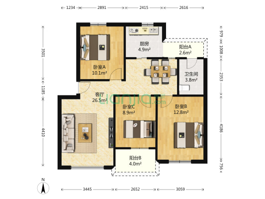 康乐村小区 3室1厅1卫 86平方