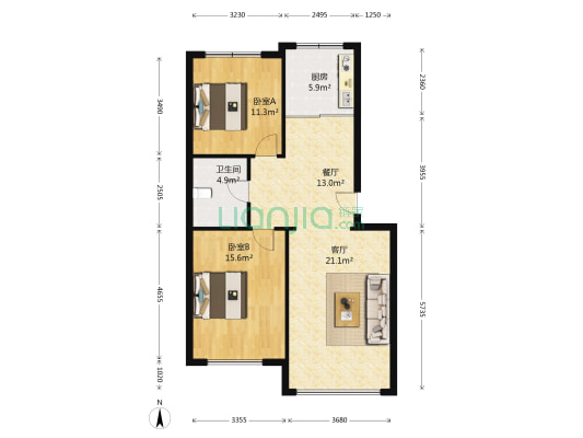 亚泰花园杏花苑 2室2厅1卫 93平方
