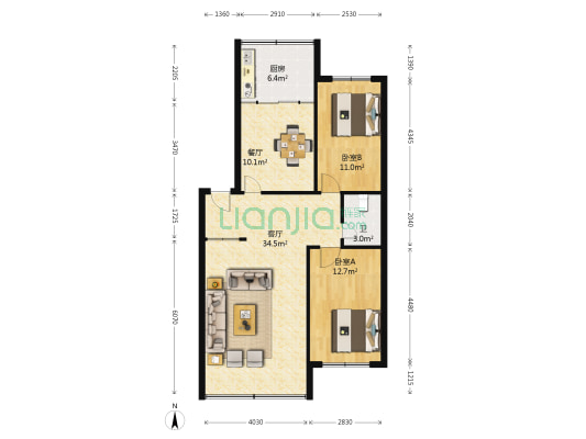 新月山庄A区 2室2厅1卫 98平方