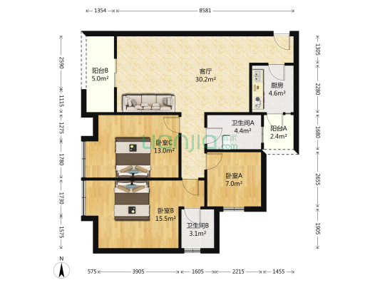 爱尚南山 3室1厅2卫 108平方