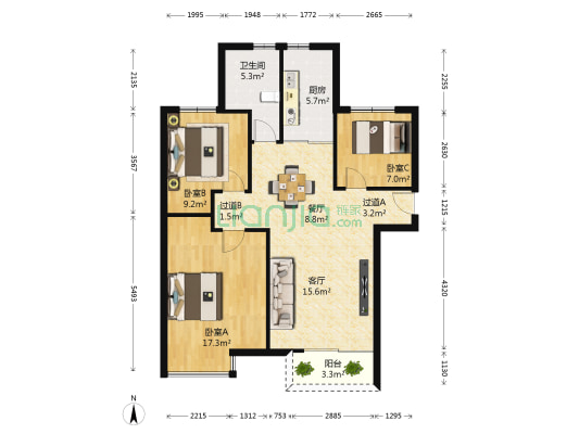 琴海居 3室2厅1卫 89平方
