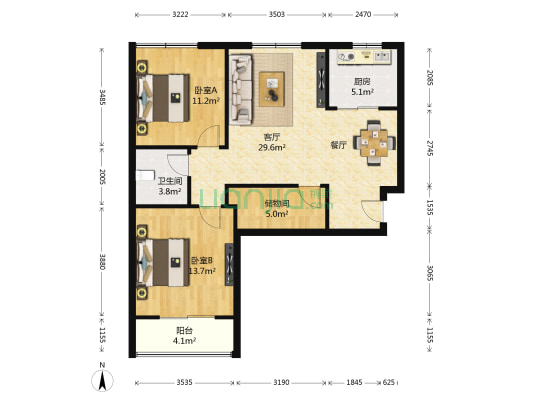 东岸曦城 2室1厅1卫 93平方