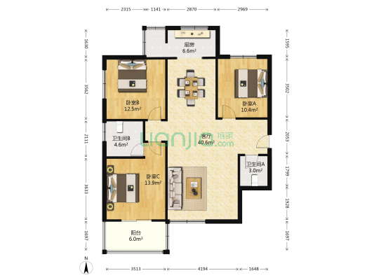 天后花园 3室1厅2卫 128平方