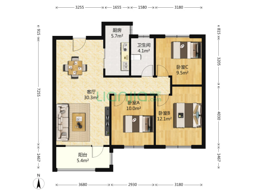 万科城市之光 3室1厅1卫 96平方