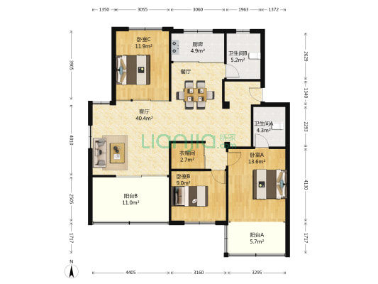 莲花公寓 3室1厅2卫 119平方