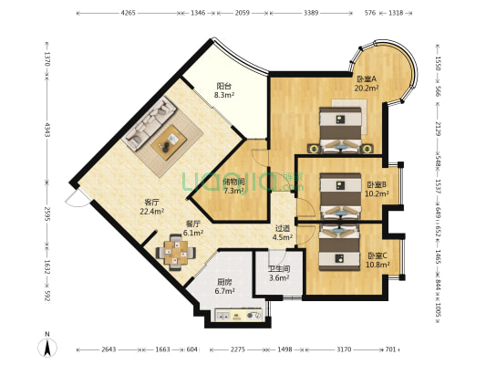 卓越时代大厦 3室2厅1卫 138平方