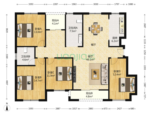 天伦庄园三期 4室1厅2卫 155平方