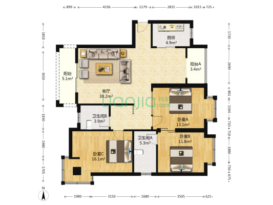 东方新天地 3室1厅2卫 124平方
