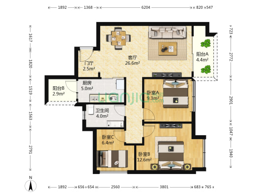 龙湖金楠时光 3室1厅1卫 90平方