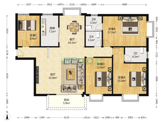 东方花园又一居 4室2厅3卫 138平方