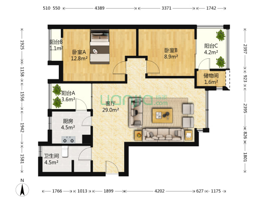 德坤汀城 2室1厅1卫 80平方