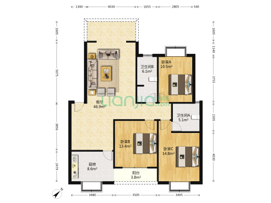龙城1号 3室1厅2卫 125平方