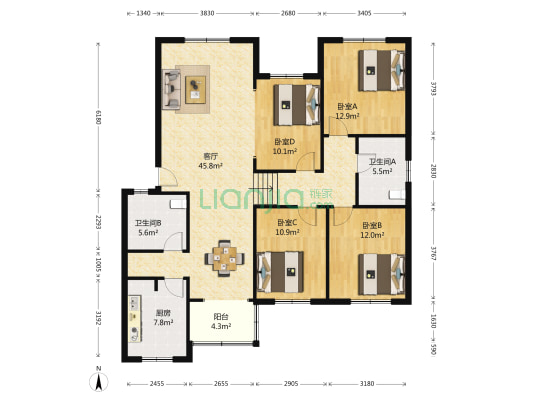 广电园 4室1厅2卫 137平方