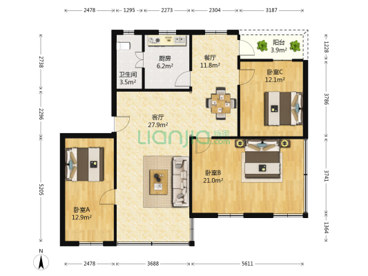 环城路 3室2厅1卫 109平方