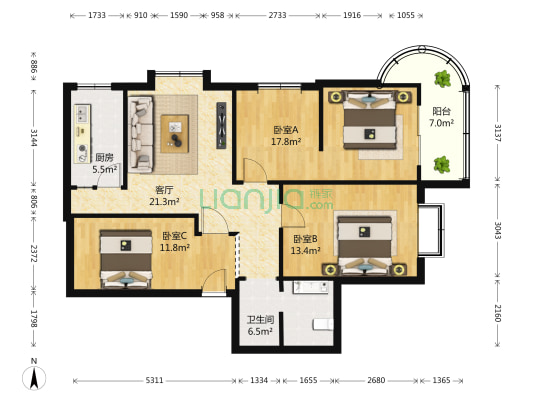 金祥时代 3室1厅1卫 126平方