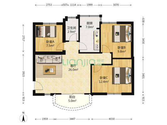 荔枝苑 3室1厅1卫 89平方