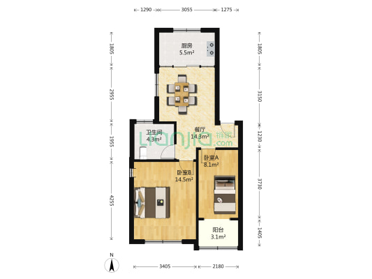 空港公寓 2室1厅1卫 66平方